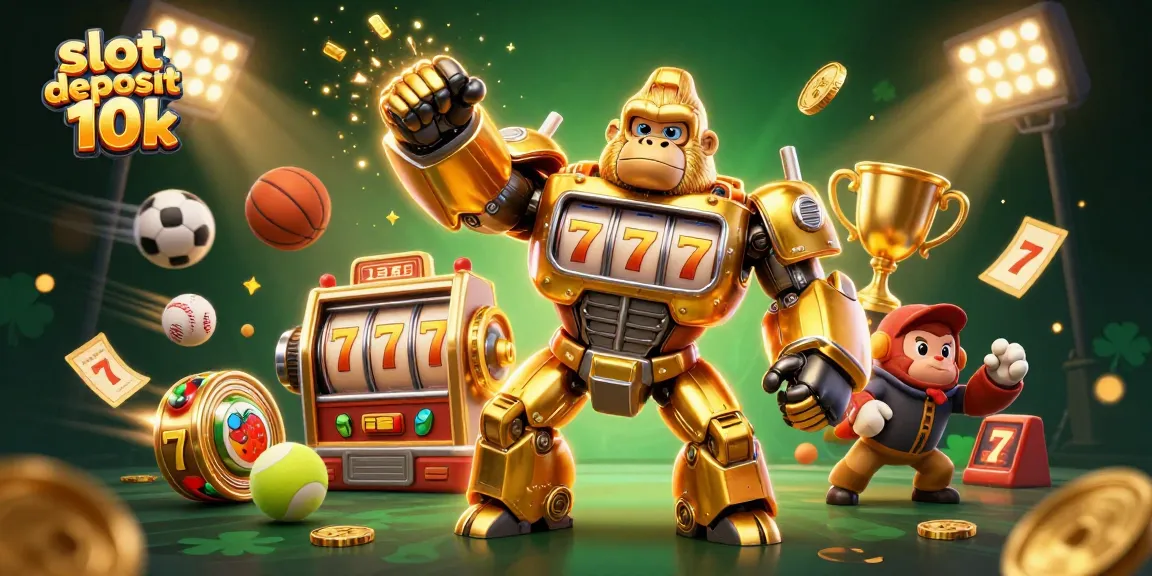 Experience the excitement of slot deposit 10k with a dynamic 3D scene featuring a golden gorilla mech among casino elements.