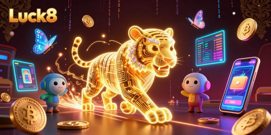 Experience thrilling gameplay at Luck8, featuring a 3D light energy tiger, crypto elements, and dynamic casino visuals.