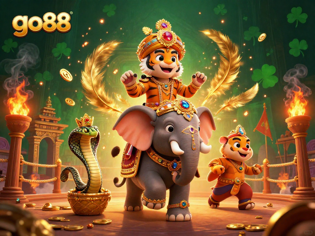 Experience thrilling gameplay at go88 with an exotic 3D casino scene featuring a royal maharaja and a jewel-encrusted elephant.
