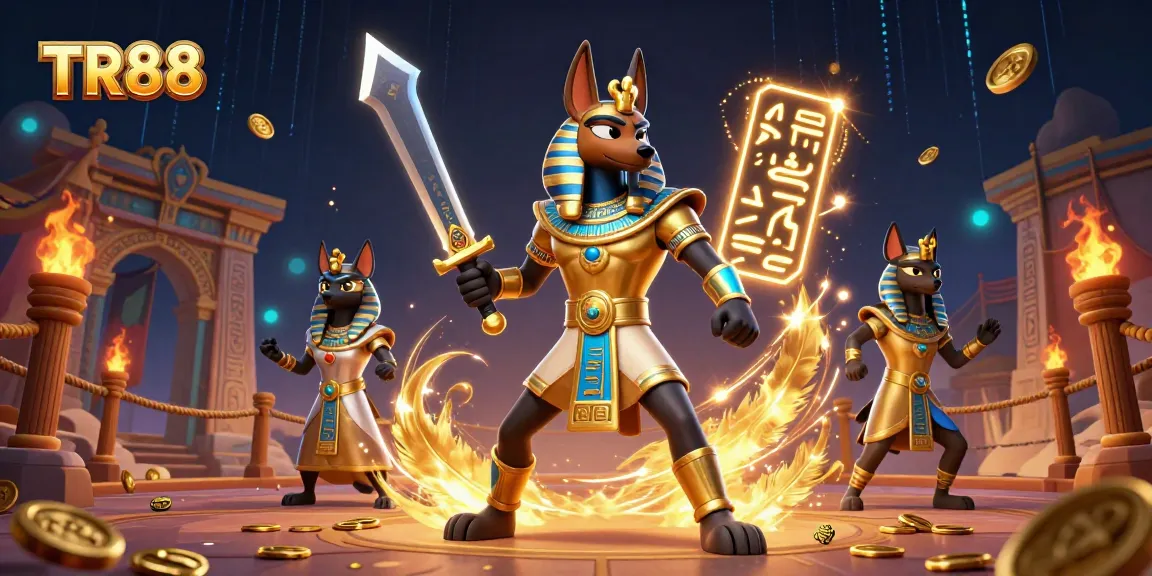 Experience thrilling gaming at TR88 with a dynamic scene featuring ancient Egyptian warriors and glowing hieroglyphs.