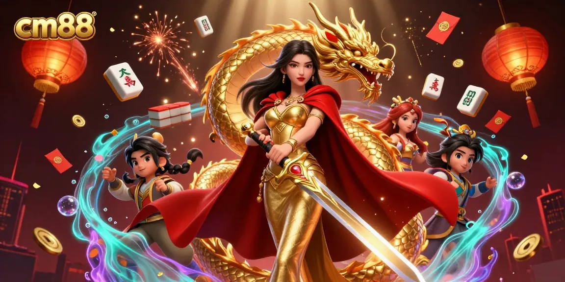 Experience thrilling wins at cm88 with a stunning warrior queen illustration amidst vibrant gaming elements.