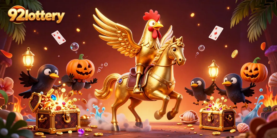 Experience 92lottery's vibrant casino action with a golden rooster amidst treasures and whimsical elements