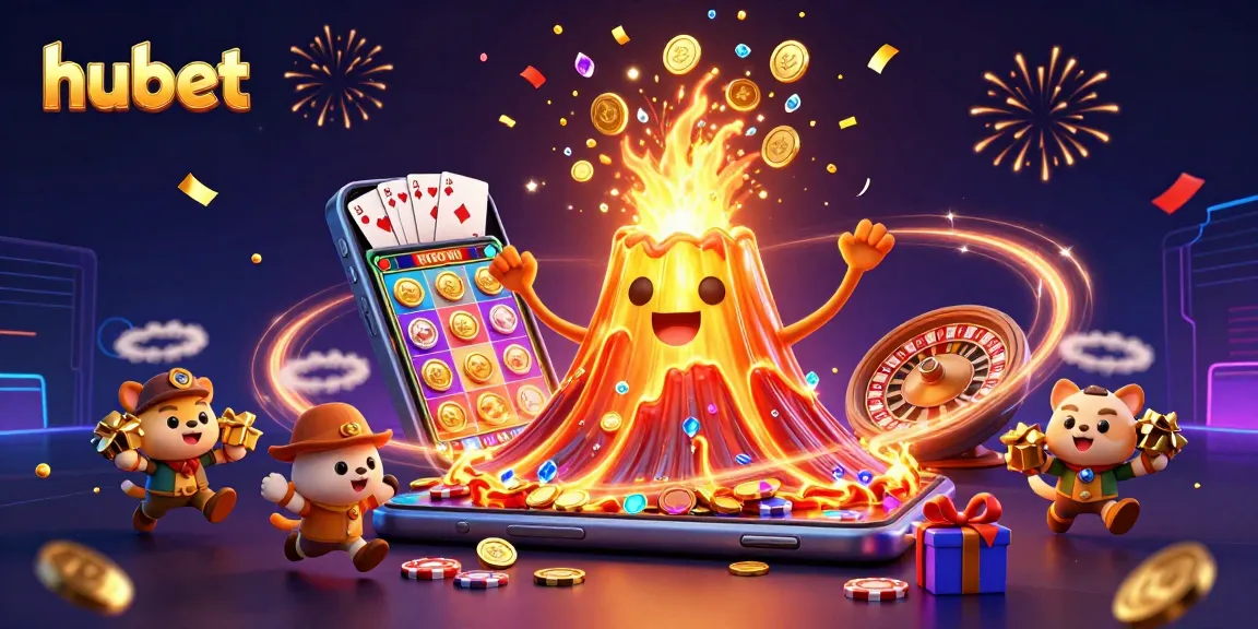 Win at Hubet with a triumphant golden volcano erupting coins and gems in a colorful casino scene.