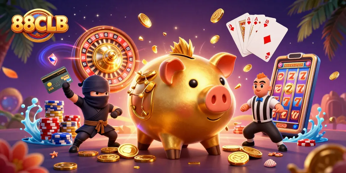 Engage with 88CLB in this vibrant 3D casino scene featuring a golden piggy bank sumo wrestler amidst flying coins and roulette wheels.