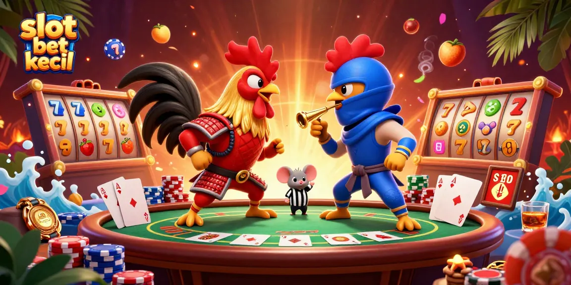 Engage with slot bet kecil as two roosters clash in a vibrant casino scene filled with colorful slot reels and poker elements