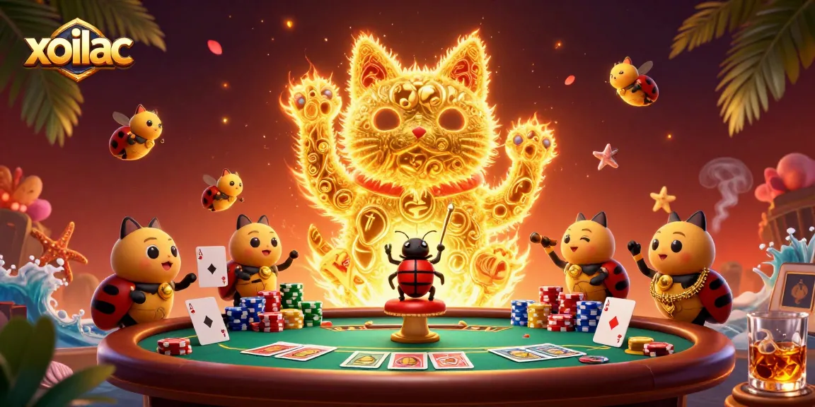 Experience the excitement of xoilac with vibrant casino elements, showcasing a lucky cat and poker scene.
