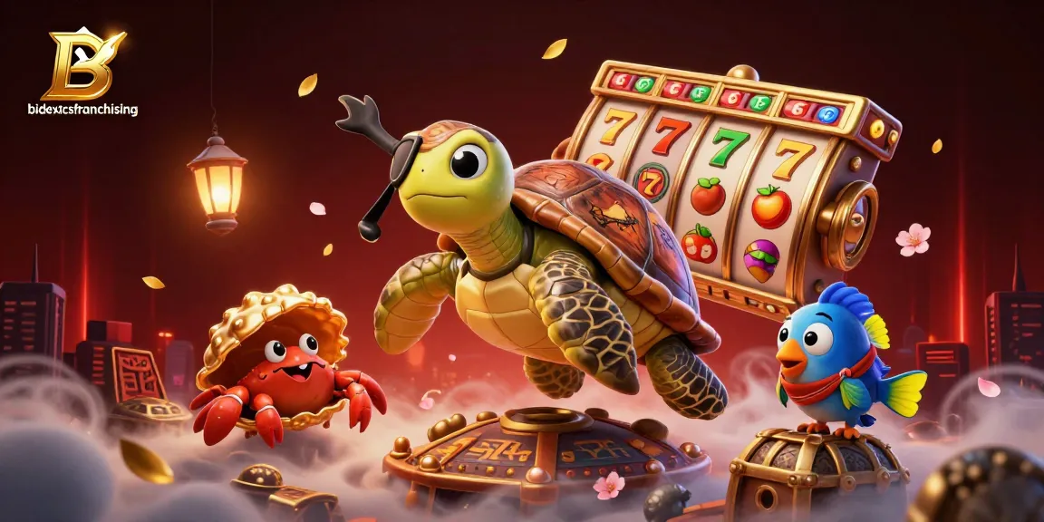 Experience bidexecsfranchising with vibrant 3D illustration of casino elements and playful sea characters.