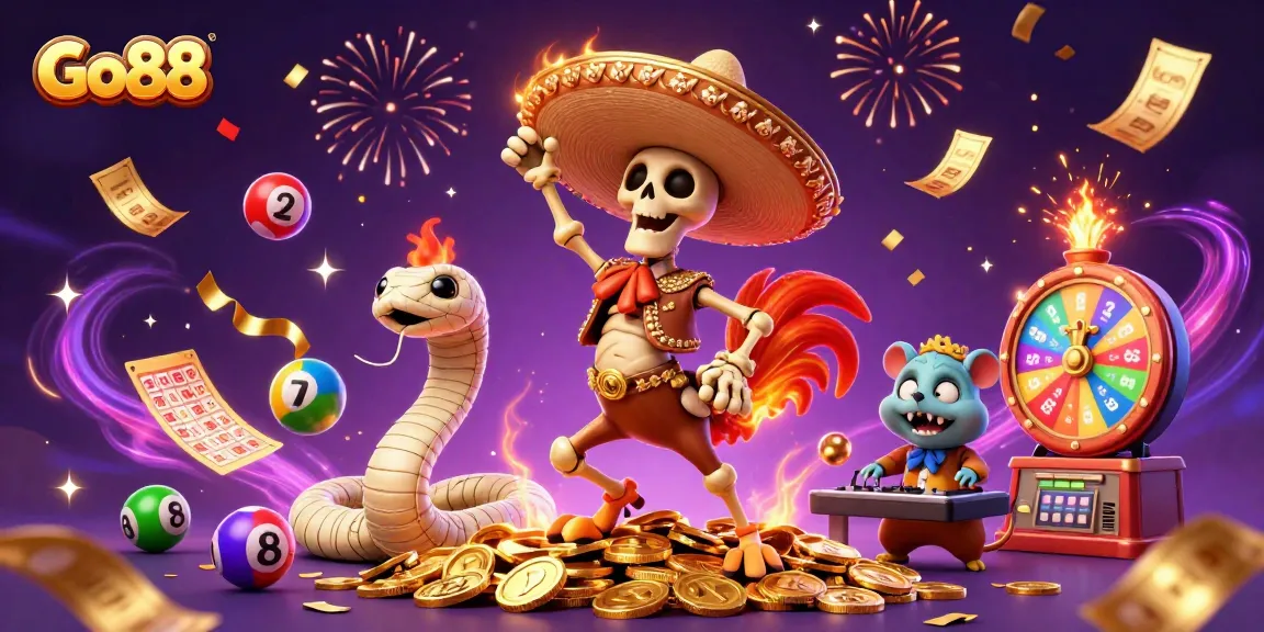 Celebrate wins at Go88 with vibrant casino characters amidst a shower of colorful gaming elements.
