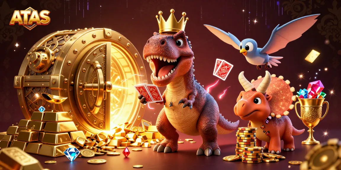 ATAS casino scene with animated T-Rex shuffling cards, treasure vault, and golden chips.