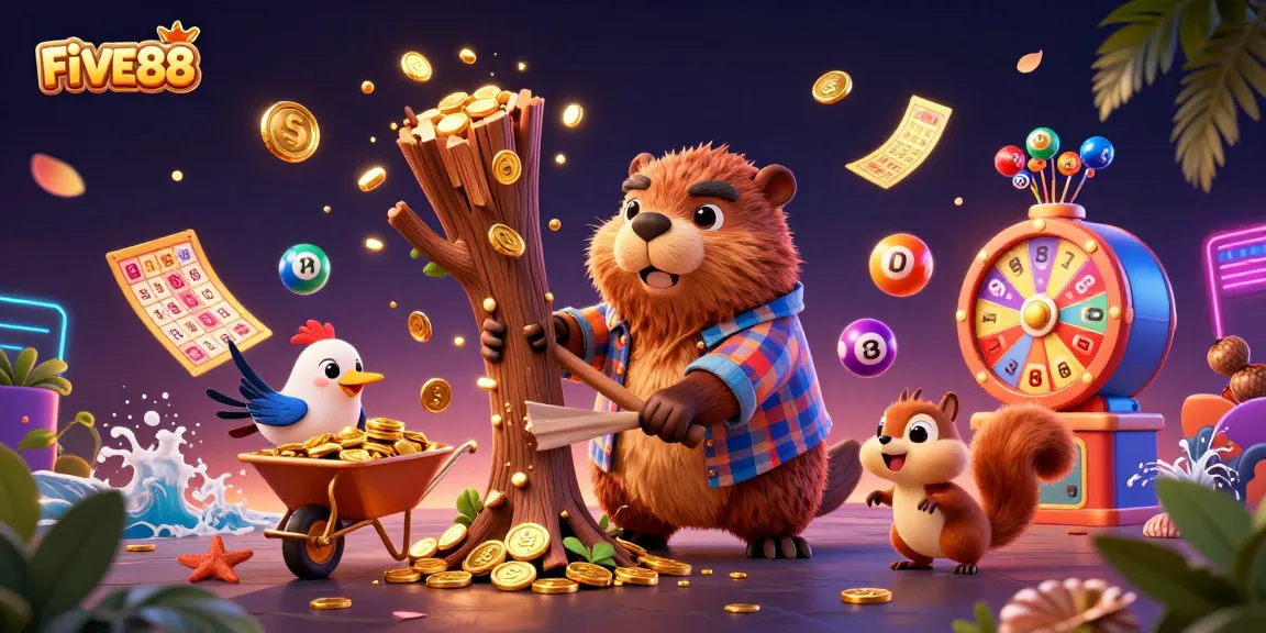 Experience thrilling gameplay with FIVE88's exciting casino elements in a vibrant 3D scene.