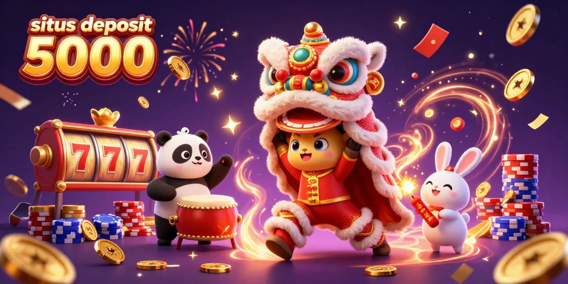 Experience thrilling gameplay at situs deposit 5000 with vivid characters, exciting slot reels, and festive decorations.