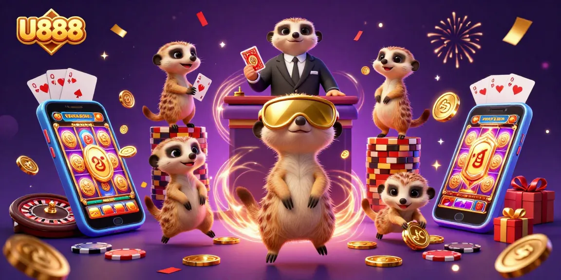 Engage in U888's vibrant casino atmosphere with meerkats, slot games, and festive elements.