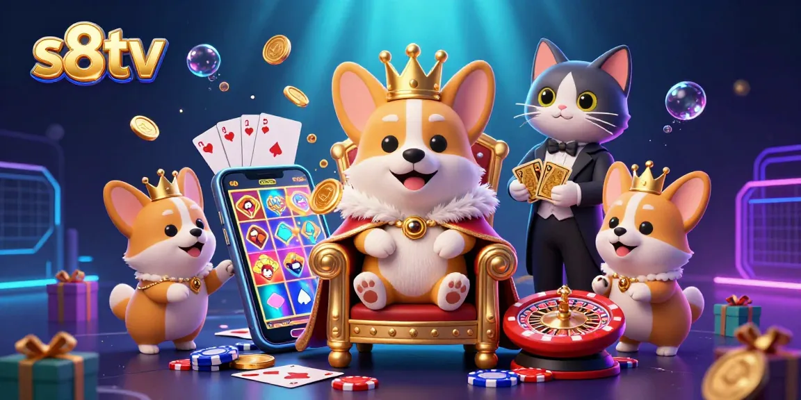 S8TV showcases a vibrant scene with a royal corgi in a casino throne, presenting dynamic sportsbook interactions.