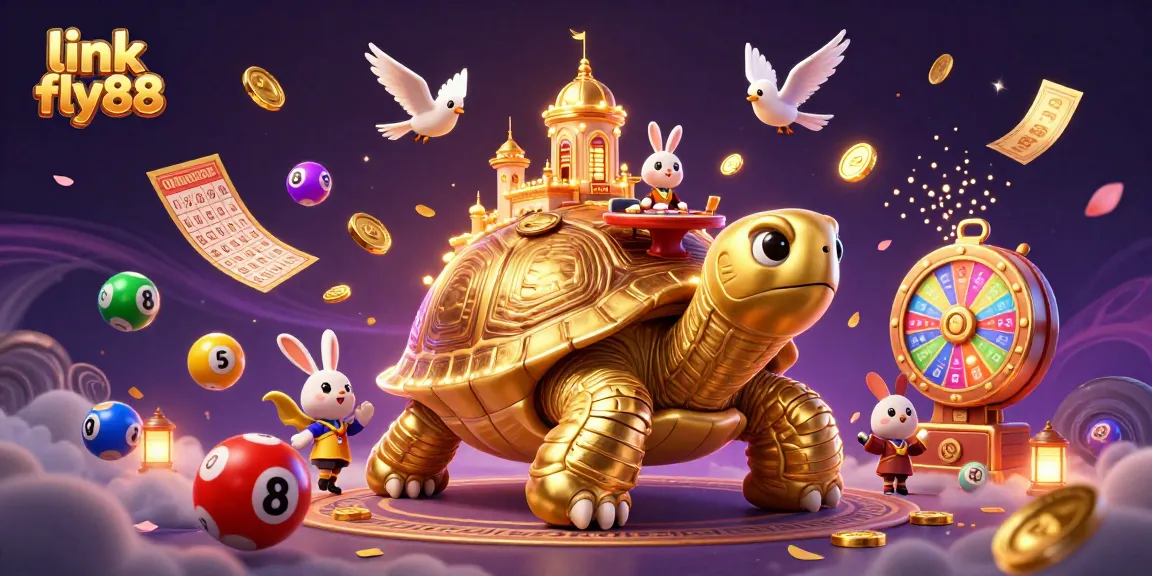 Experience link fly88 with a vibrant casino scene featuring a golden tortoise and rabbit dealer.