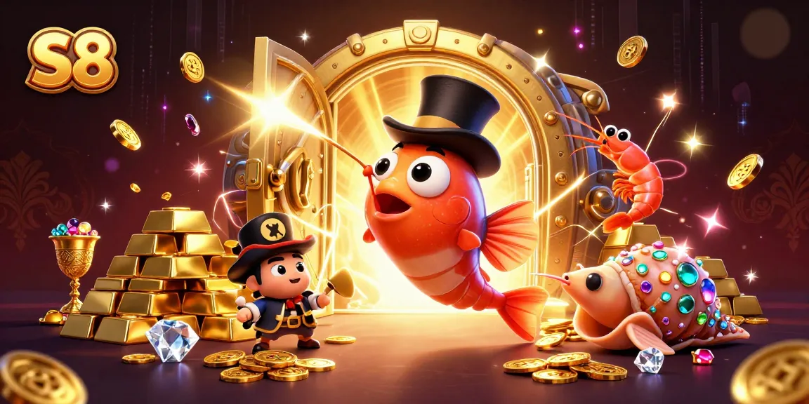S8 casino game illustration with anglerfish, pirate shrimp, and gem snail, showcasing vibrant underwater treasures