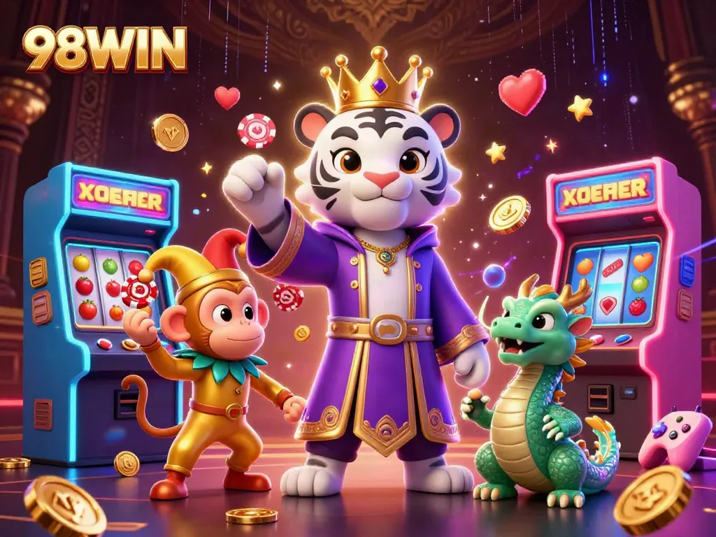 Enjoy the captivating scene with 98WIN's white tiger and monkey embodying casino fun.