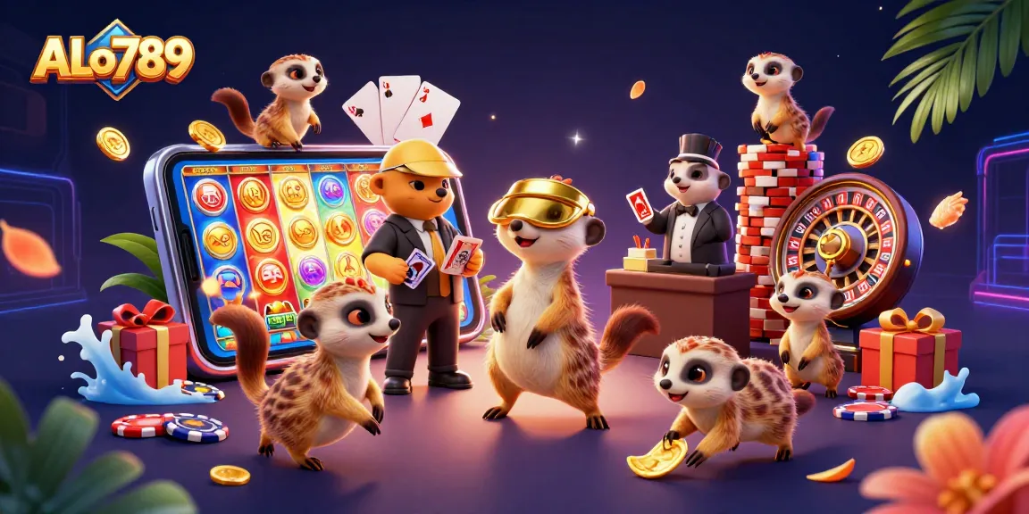 Bet on a thrilling ALo789 cockfighting scene with animated meerkats managing a vibrant casino.