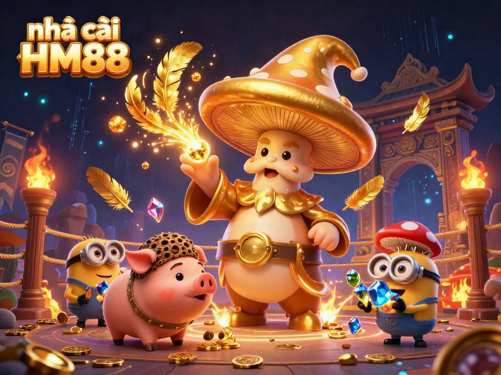 Engage with nhà cái HM88, featuring enchanting characters amidst a casino-inspired magical scene.