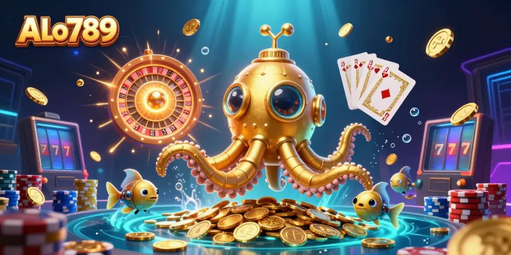 Engage with ALo789 as a golden kraken submarine shines through shimmering coins in an exciting online casino experience.