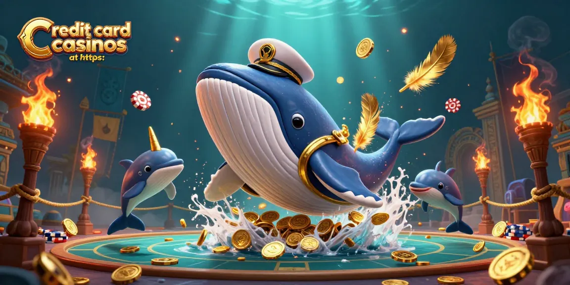 Join the fun at credit card casinos at https: with a whimsical underwater scene of a whale and dolphins.
