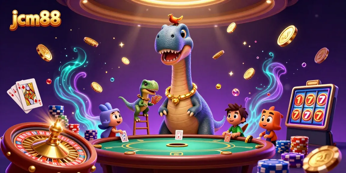 Win big at jcm88 with a lively 3D casino scene featuring a brontosaurus and raptor dealer