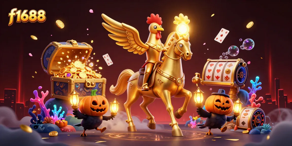 Experience the thrill of winning at f1688 with a vibrant casino scene featuring a golden rooster and spectral horse.