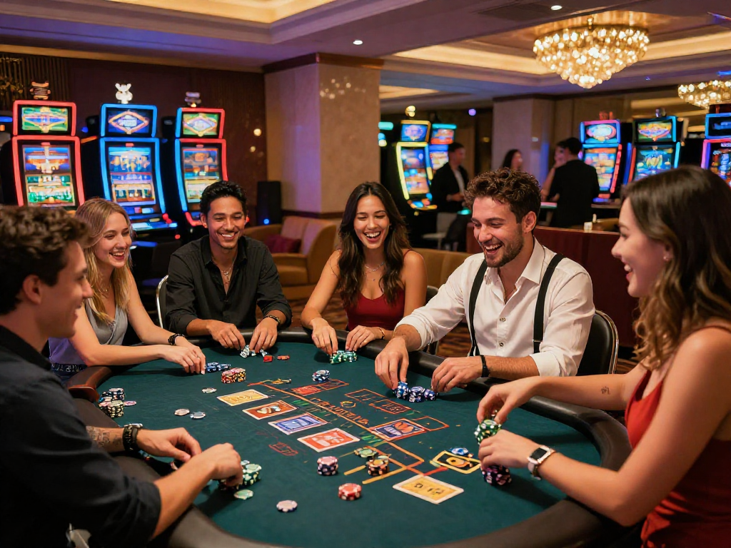 Giocatori al tavolo di blackjack in un casino non aams, atmosfera vivace e accogliente.