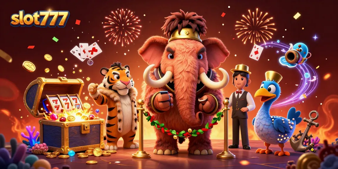 Experience epic wins at slot777! Cheerful casino scene featuring a woolly mammoth, saber-tooth tiger, and dodo bird.
