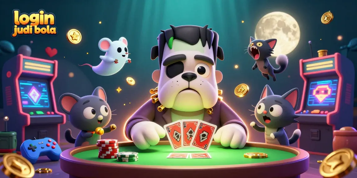 Engage in the excitement of login judi bola with a vibrant casino scene featuring monsters, cards, and gaming elements.