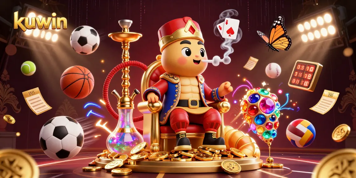 Kuwin online casino showcasing a massive caterpillar hookah-master amid vibrant sports elements in a lively scene.
