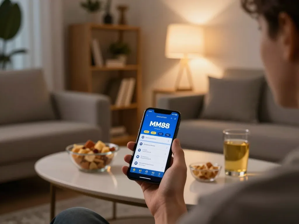 Player enjoying MM88 online casino on smartphone in a cozy home gaming setup.