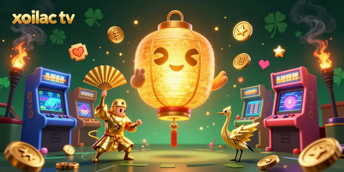Engage with xoilac tv's vibrant 3D scene showcasing golden lanterns and arcade elements in a casino setting.