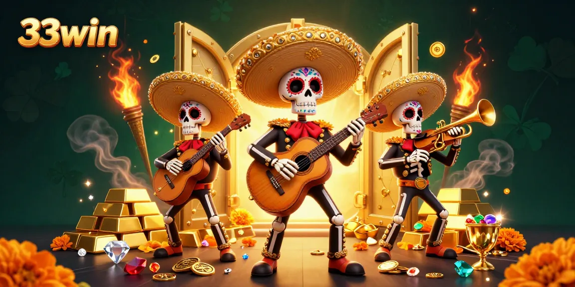 Feel the excitement with 33win as the skeleton mariachi band plays amidst dazzling treasures.
