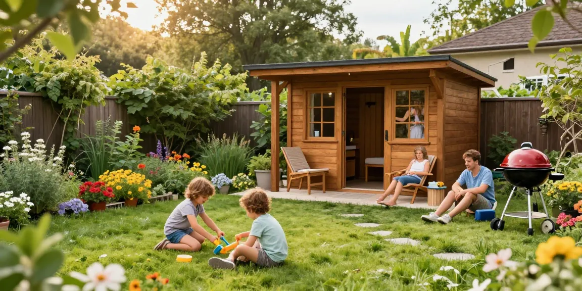 Modernes Gartenhaus umgeben von Blumen und Familie im Garten für unausgesprochene Momente.