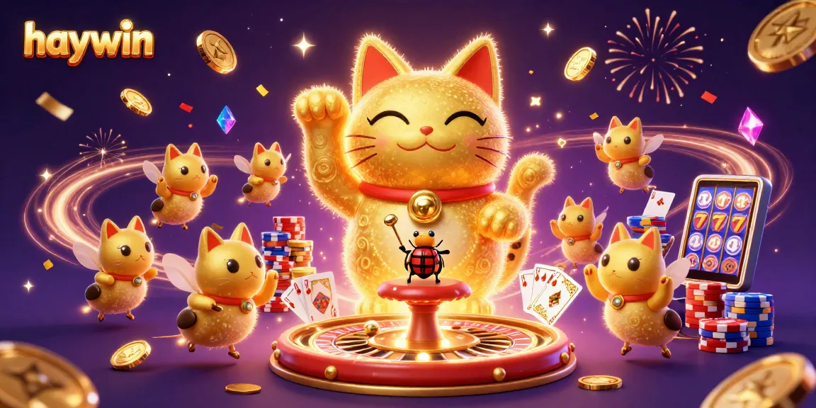 Join the action at Haywin, with a vibrant lucky cat and dynamic casino elements showcasing a lively gaming experience.