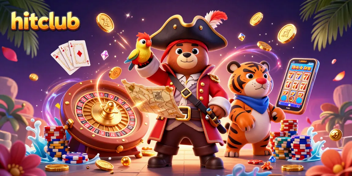Hitclub's pirate bear spins gold coins and cards in an exciting casino game scene.