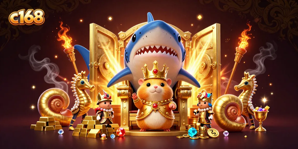 c168 casino scene featuring a golden hamster king on a megalodon throne with treasure and jewels
