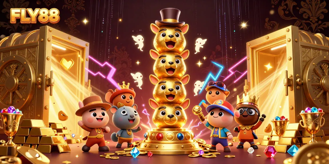 FLY88 showcases a vibrant 3D cartoon totem pole surrounded by riches and gambling elements.