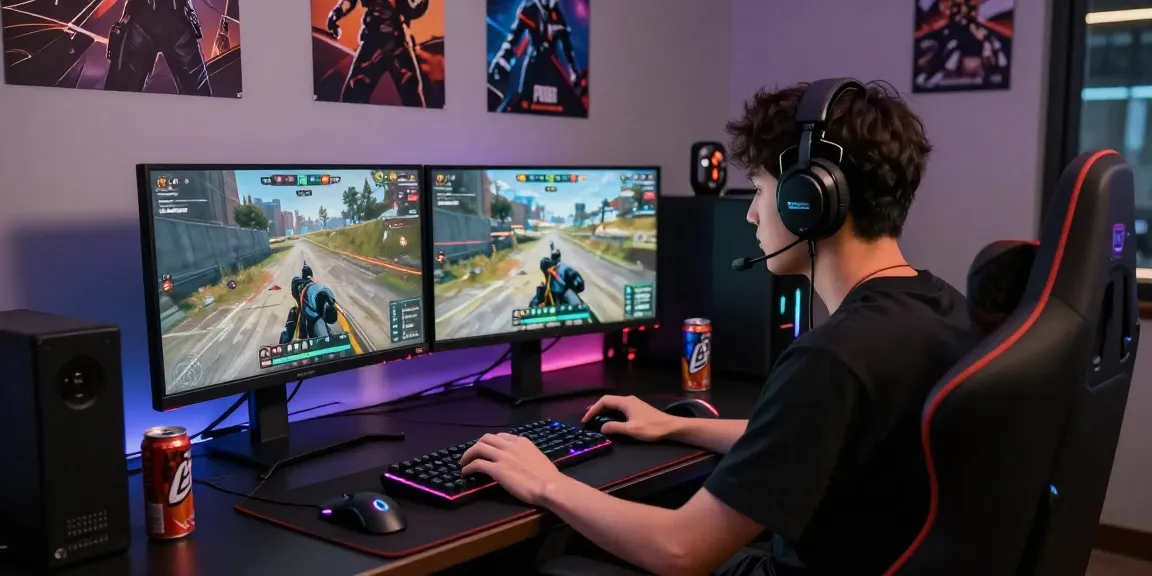 PUBG Cheats gaming setup with competitive player engaged in intense play, showcasing gaming equipment and immersive environment.