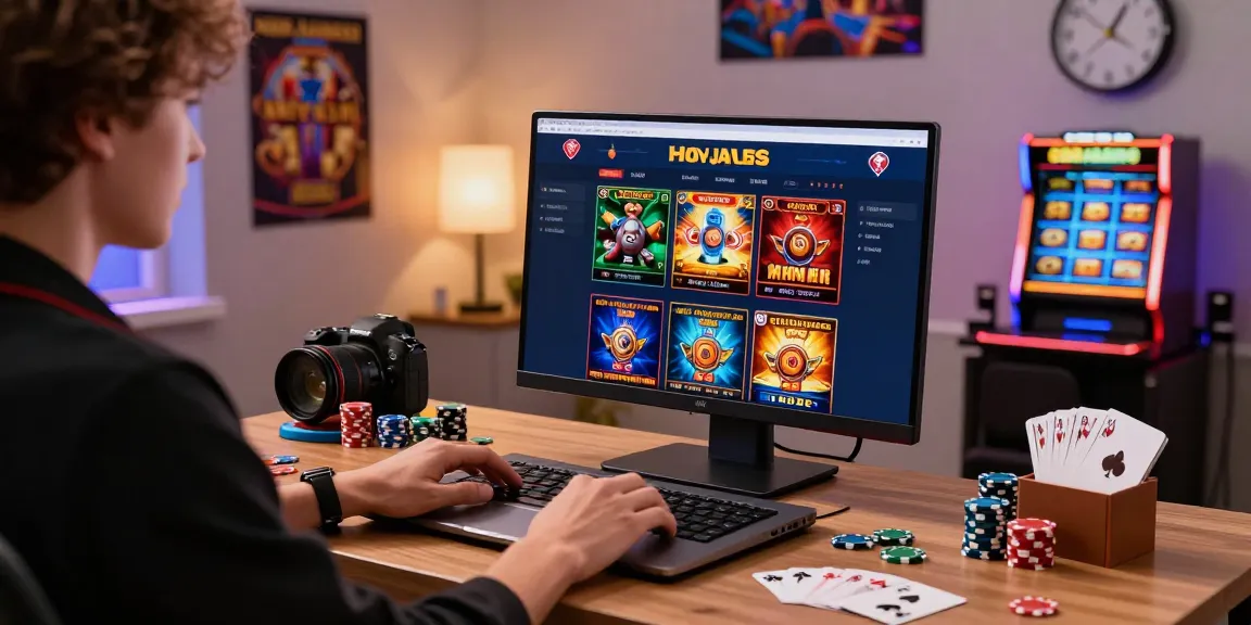 Interazione coinvolgente dell'utente con la piattaforma di casino non AAMS su un laptop, circondato da oggetti da gioco in un ambiente vivace.