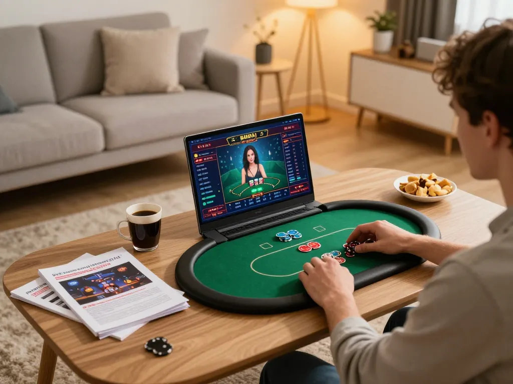 Player enjoying online poker gameplay on laptop with sunwin20 gaming interface visible, warm home setting