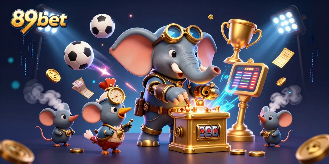Experience thrilling gaming at 89bet while enjoying a vibrant 3D illustration of a steampunk elephant and dynamic sports elements.