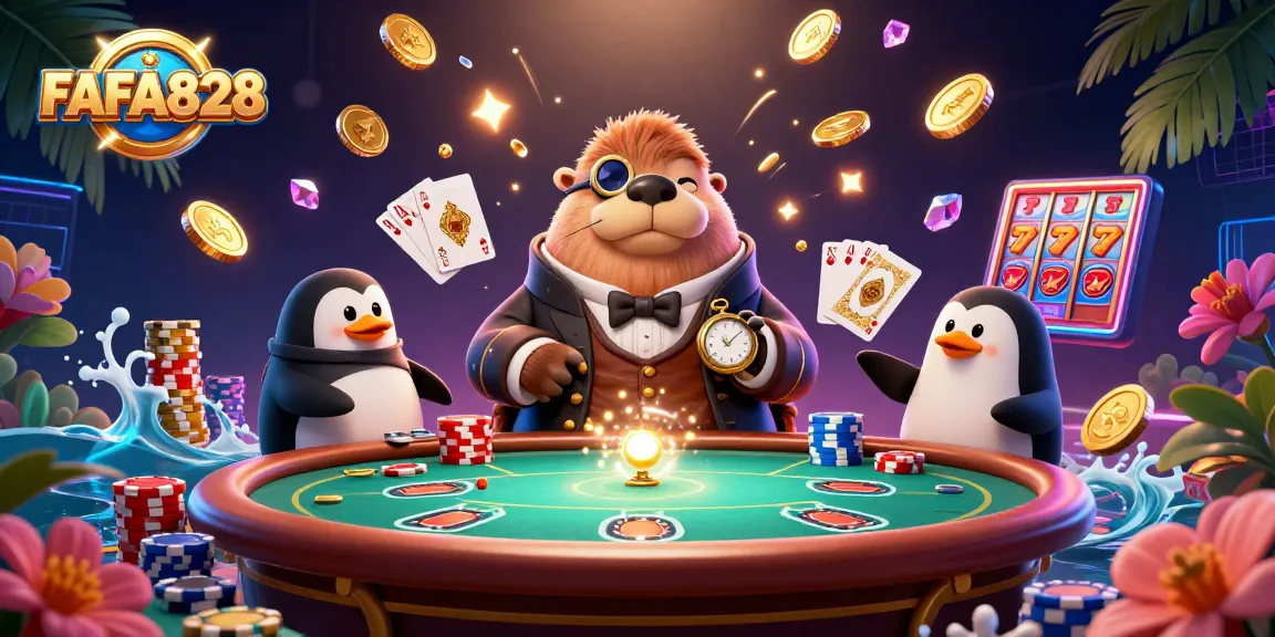 Engage with FAFA828's vibrant casino scene featuring a sophisticated walrus and playful pufferfish.