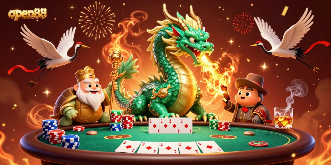 Experience the excitement of open88 with a jade dragon and poker elements in a vibrant casino setting.