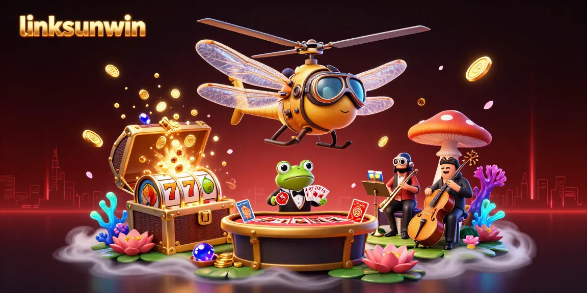 Experience thrilling gameplay with linksunwin, as the dragonfly pilot soars over a vibrant lily pad casino scene.