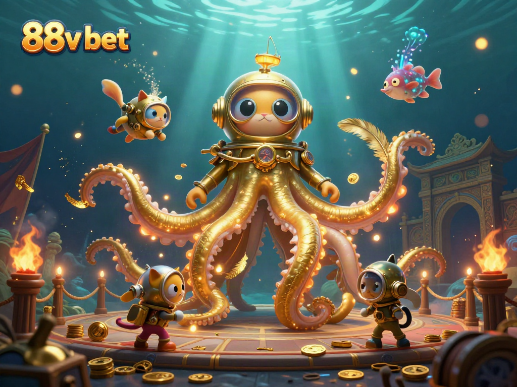 Experience thrilling underwater adventures with 88v bet featuring a kraken and diving cat amidst gold coins and prizes.