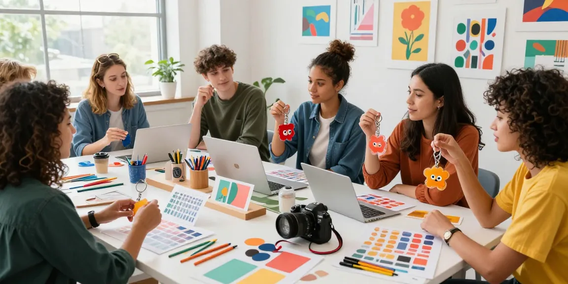 Creative team designing custom keychains in a vibrant workspace, showcasing unique designs and prototypes.
