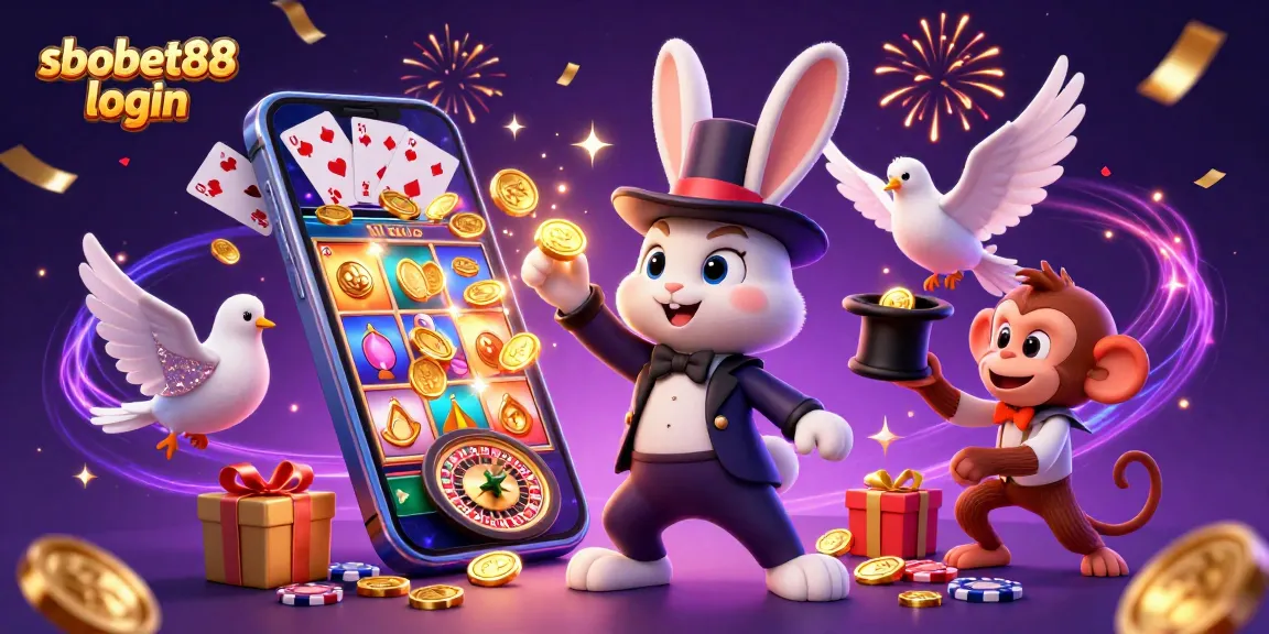 Join the fun at sbobet88 login with a vibrant, magical gambling scene featuring a magician rabbit, a dove, and a monkey!