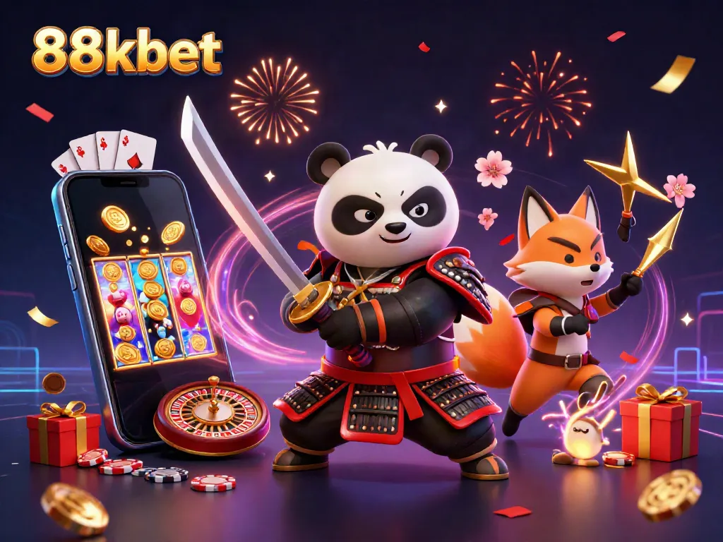 Experience the vibrant world of 88kbet with a fierce panda samurai and gaming elements.