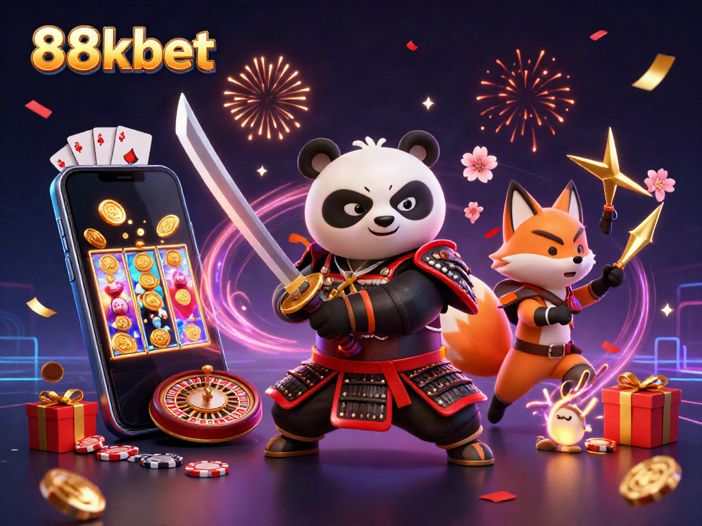 Experience the vibrant world of 88kbet with a fierce panda samurai and gaming elements.